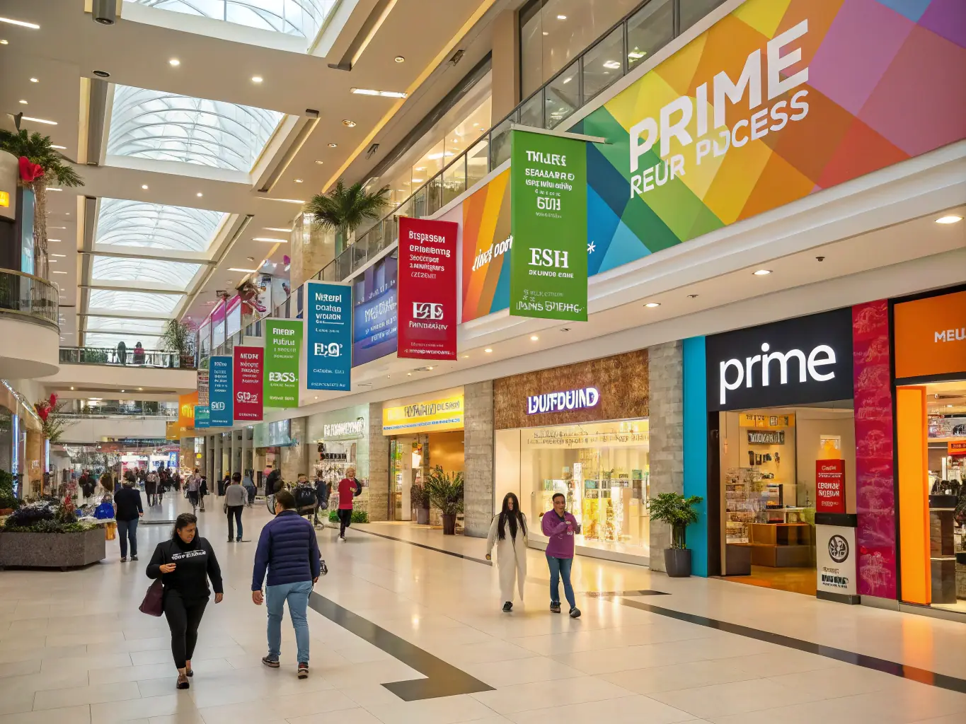 A vibrant shopping mall filled with various retail stores and shoppers.