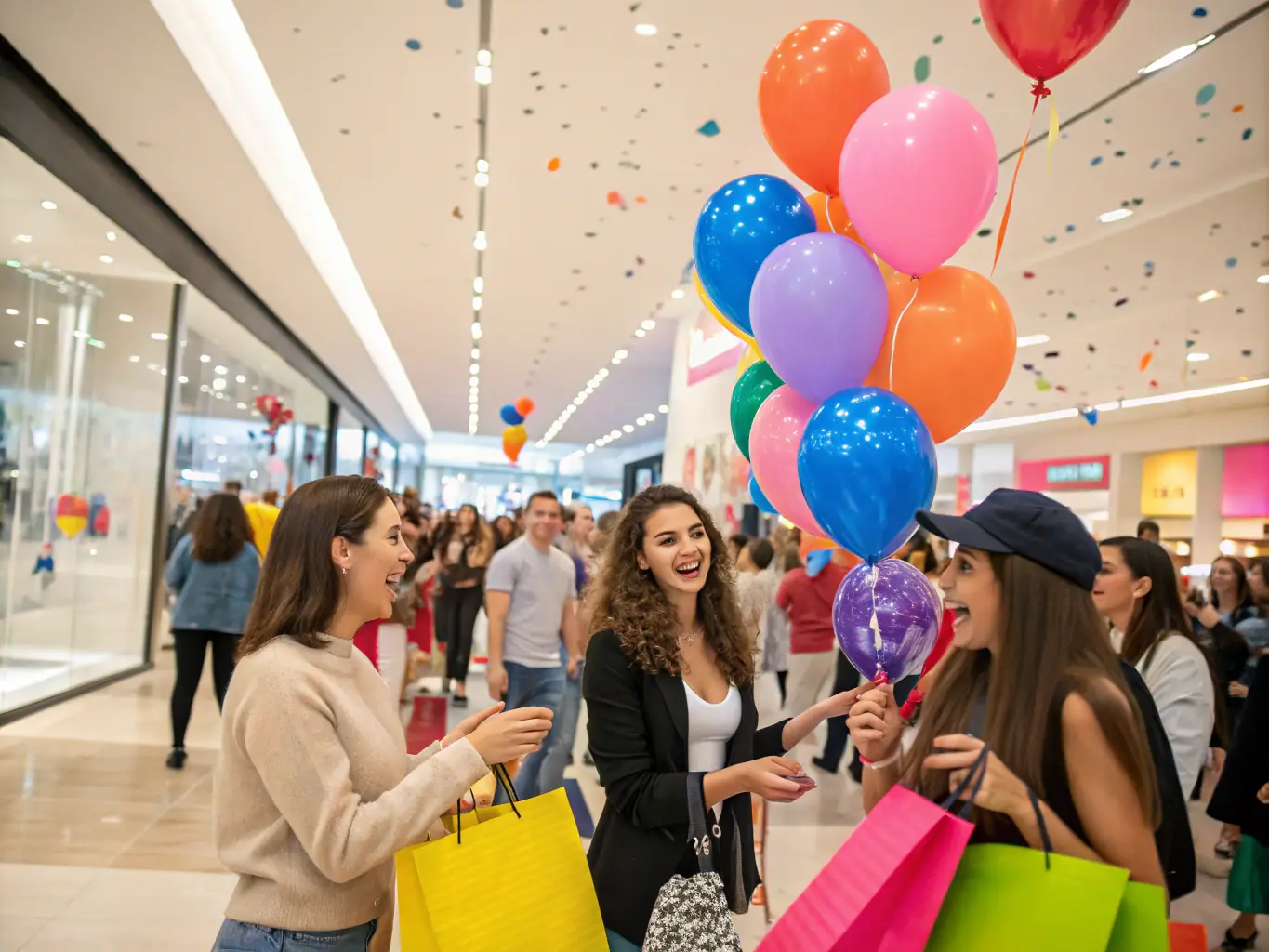 A crowd celebrating the launch of a new fashion brand at a retail store opening event.
