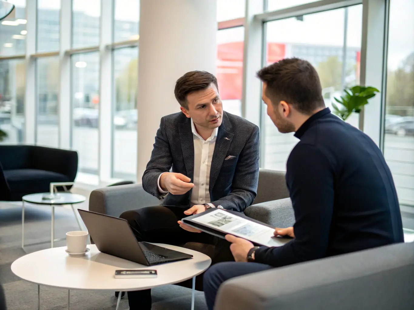 A professional consultant discussing retail strategies with a client in a modern office.